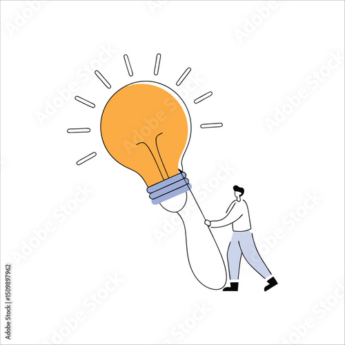 Cartoon of businessman work hard to pulling big light bulb idea logo vector illustration isolated on white background