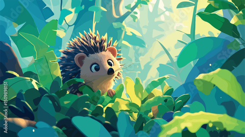 Adorable Cartoon Hedgehog in Lush Jungle Setting, Depth of Field, Charming Wildlife Illustration kid