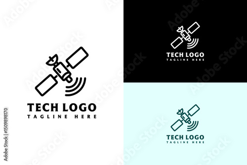 minimal satellite design spreading signal waves vector illustration, log for space, network, connectivity, communication, internet, 5g, artificial intelligence, iot, fintech, tech, and more