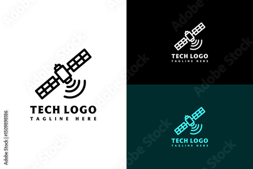 illustration of satellite spreading signals, icon, minimal, vector logo for fast data, 5g, internet, data transfer, communication, artificial intelligence, network, connectivity, fintech, and more