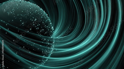 Futuristic Digital Globe with Swirling Data Lines and Neon Dots on Black Background