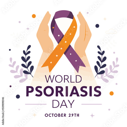 World psoriasis day awareness illustration featuring supporting hands and ribbon with floral elements