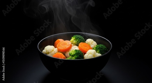 Steaming vegetables in a black bowl against a dark background.