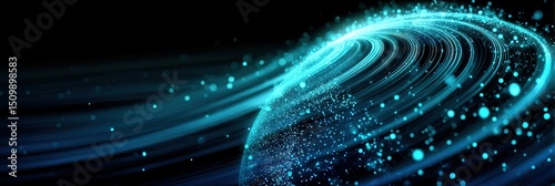 Futuristic Digital Globe with Swirling Data Lines and Neon Dots on Black Background