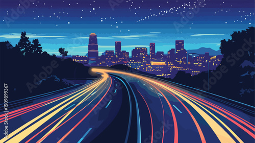 Night Highway: City Lights & Dynamic Car Trails, Urban Drive cars road blur fast speed image motion 