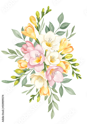 Floral arrangement of freesia flowers in white yellow and pink hues with green leaves on a black backdrop