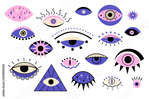 Evil eye, Hamsa, hand of Fatima stickers. Abstract talismans with eye shapes, Greek Turkish esoteric sign for design, card, poster. Magic witchcraft occult, yoga, lifestyle. Vector flat illustration