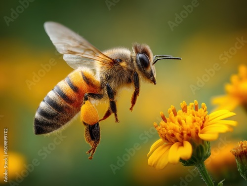 Sunflowers and bees in August garden concept. Bee hovering near a vibrant yellow flower in a natural setting