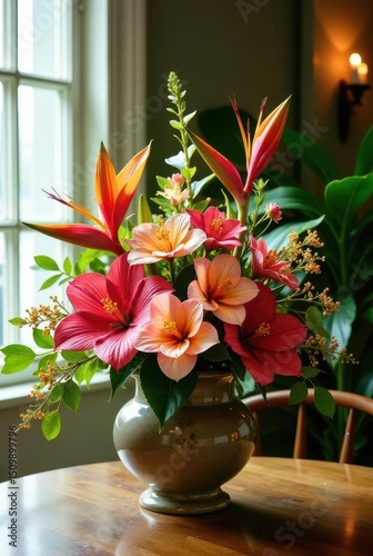 Vibrant hibiscus and bird of paradise flowers arranged in an elegant urn, creating a stunning centerpiece for a refined interior setting