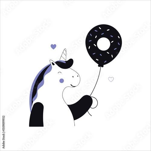 Cute Unicorn love Donut balloon cartoon Pastel color logo vector illustration isolated on white background