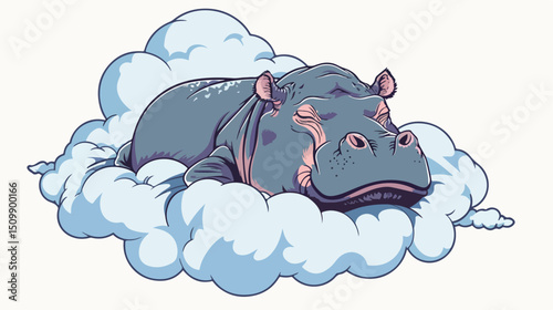 Dreamy Hippopotamus Napping on a Fluffy Cloud: Cute Hand-Drawn Vector Illustration art sky fun rest 