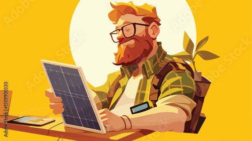 Hipster Man Charging Tablet with Eco-Friendly Solar Panel: Sustainable Tech sun calm power beard    