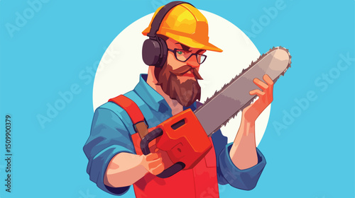 Hipster Lumberjack with Beard and Chainsaw: Trendy Woodcutter axe man tree male cool retro labor    