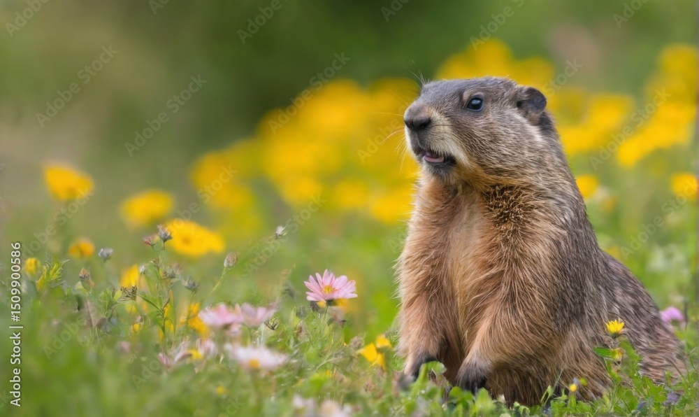 Fototapeta premium Closeup of Groundhog in Wildflower Field: Light Brown Fur, Alert Expression, Peaceful Atmosphere