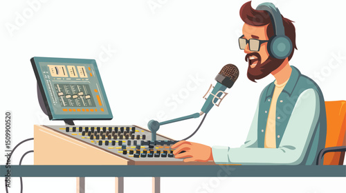 Hipster DJ Mixing Music on Vintage Console, Retro Studio Vibes man job male work beat gear cool radio