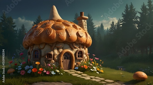A fairy house in the shape of bread, illustration. generative.ai