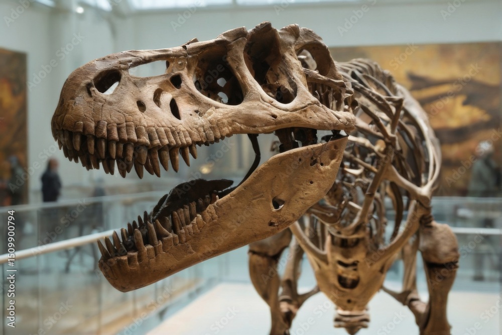 TRex Dinosaur Skeleton on Glass Platform in Museum Display with Sharp Teeth and WellPreserved Bones, People Admiring Exhibits. TRex Dinosaur Skeleton on Glass Platform in Museum Display with Sharp Teeth and WellPreserved Bones, People Admiring Exhibits.