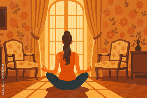 The image portrays a serene indoor setting where a woman is meditating in front of a large window with sunlight streaming in. She is seated cross-legged on a mat, with her back facing the viewer