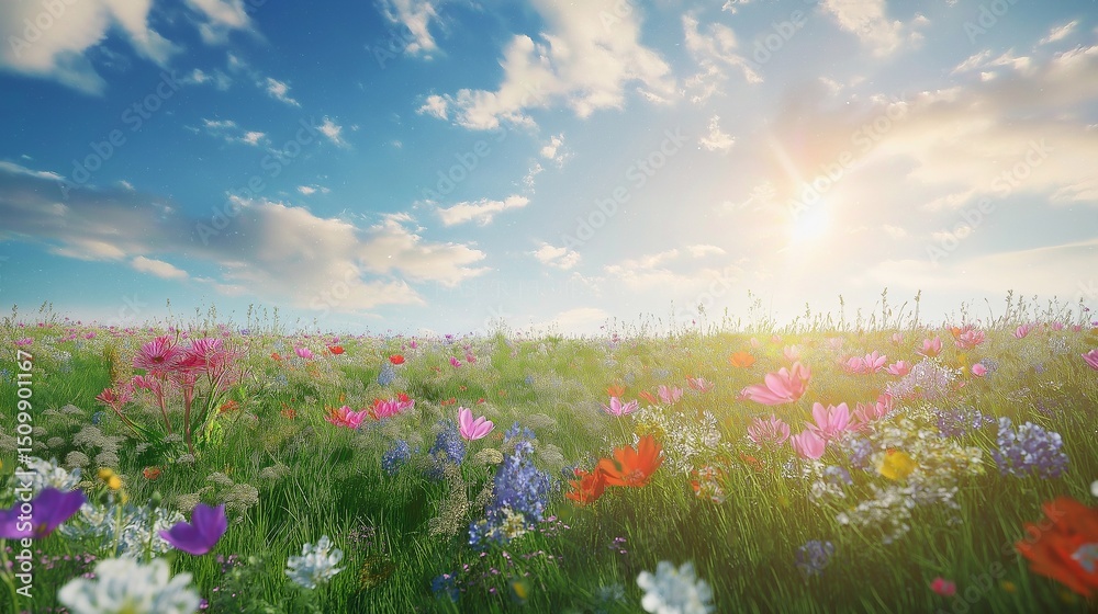 Fototapeta premium Spring meadow filled with wild blooming flowers under blue sky and sunlight, meadow stretches naturally into distance, meadow landscape ideal for seasonal visuals and nature promos.