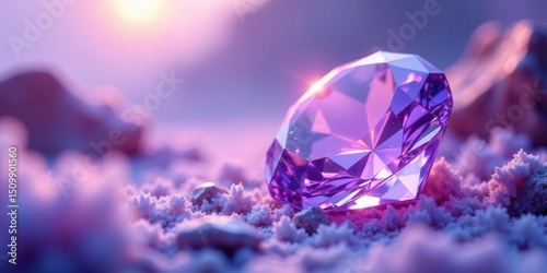 A radiant purple gemstone rests gently on a bed of soft, textured sand, bathed in the warm glow of a setting sun, creating a scene of serene beauty and hidden treasure.