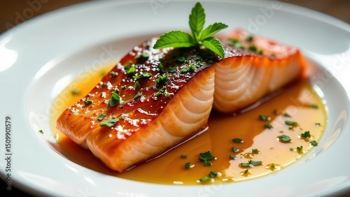 Glazed Salmon Fillet with Herb Garnish, Served on a White Plate with a Rich, Savory Sauce
