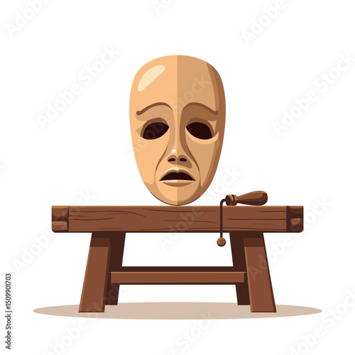 Wooden Mask on a Wooden Bench: An Illustration of Traditional Craftsmanship and Cultural Artifacts