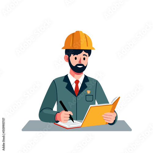 Cartoon Illustration of a Civil Engineer Writing in a Notebook While Reviewing Plans Wearing a Hard Hat