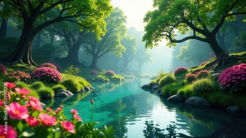 Serene landscape of a tranquil stream meandering through a lush forest, adorned with vibrant pink blossoms and verdant greenery under a soft morning light