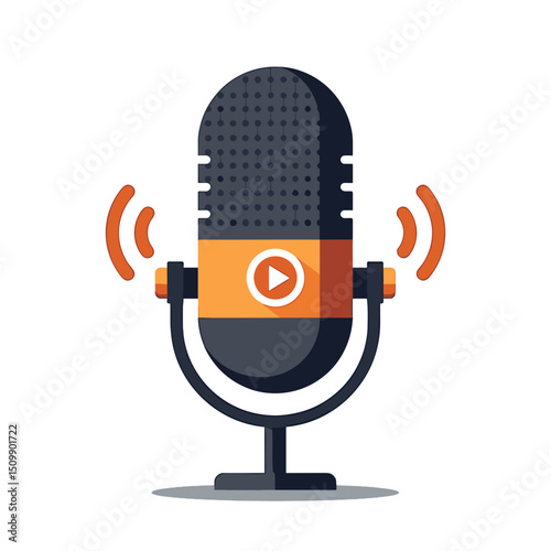 Podcast Microphone Vector Illustration with Play Button and Sound Waves for Audio Recording and Broadcasting
