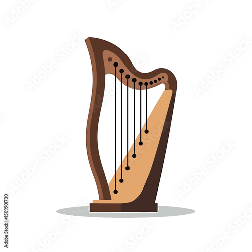 Elegant Brown Harp Musical Instrument Vector Illustration with Strings and Soundboard for Orchestral Music