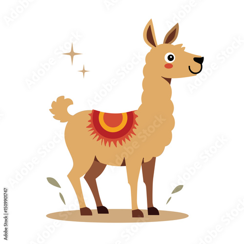 Cartoon Llama with Decorative Saddle Standing Calmly, Cute Animal Vector Illustration