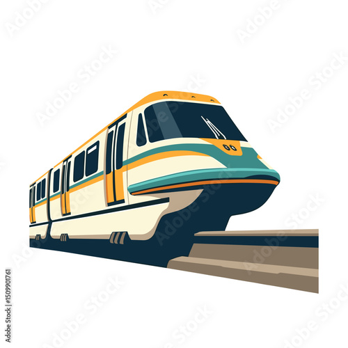 Modern Monorail Train Illustration on Elevated Track with Clean Lines and Bright Colors