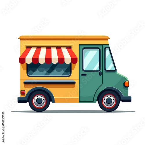 Cartoon Food Truck with Red and White Striped Awning, a Mobile Culinary Business Illustration