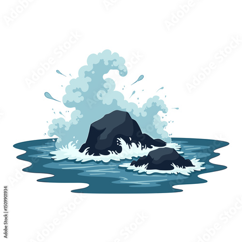 Cartoon Illustration of Waves Crashing Against Rocks in the Ocean with Water Splashes