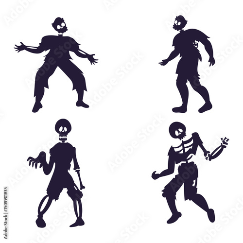 Silhouette set of zombie on white background