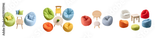 Modern, colorful bean bag chairs arranged in a playful setting, featuring soft textures and vibrant hues, ideal for casual living spaces and children's rooms