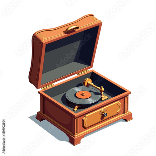Vintage Style Gramophone Record Player in Wooden Case Illustration, Nostalgic Music Listening Device