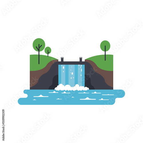 Minimalist Vector Illustration of a Dam with Flowing Water and Green Trees Landscape