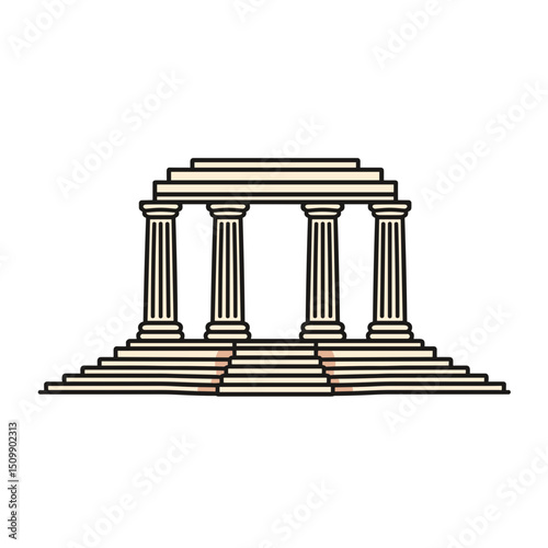 Simple Illustration of a Classical Greek Temple with Columns and Steps, Isolated on White Background