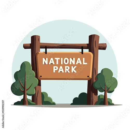 Illustrated National Park Entrance Sign with Trees and Bushes, Welcoming Visitors to Nature and Recreation