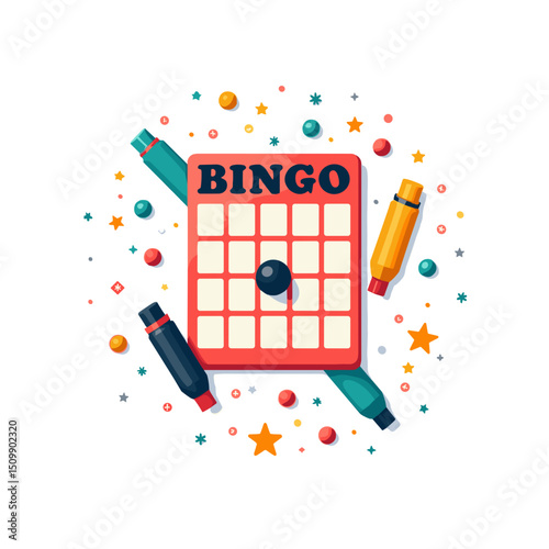 Colorful Bingo Card with Markers and Confetti, Flat Design Illustration for Game Night