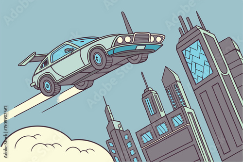 A futuristic flying car hovering over a sci-fi cityscape, glowing engines, blue sky