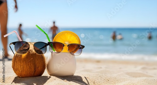 Estate, relax e vacanze: fresche noci di cocco sulla spiaggia con occhiali da sole