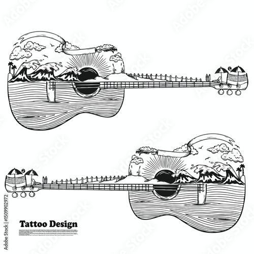 Tattoo design guitar vector illustration