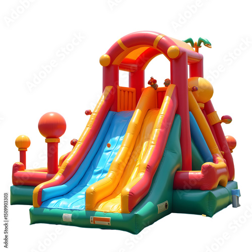Wallpaper Mural Colorful inflatable playground with bouncy castle, fun slide and obstacle course, bright and cheerful outdoor kid's playset PNG file isolated on transparent background Torontodigital.ca
