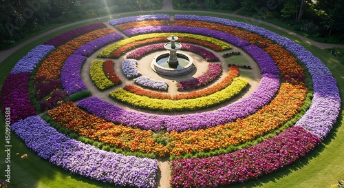 Fototapeta Naklejka Na Ścianę i Meble -  Drone POV of a colorful flower garden in full bloom, arranged in artistic patterns