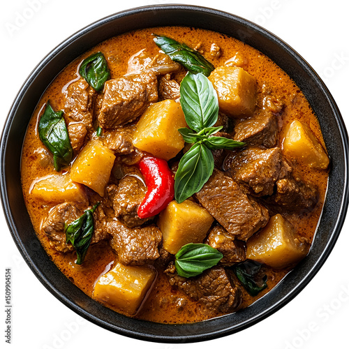 Top view of a delicious looking Massaman Curry with Beef on a dark plate isolated on a white transparent background