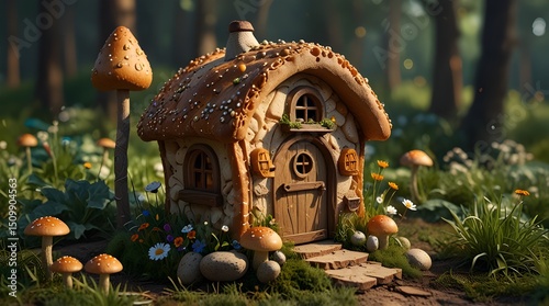 A fairy house in the shape of bread, illustration. generative.ai