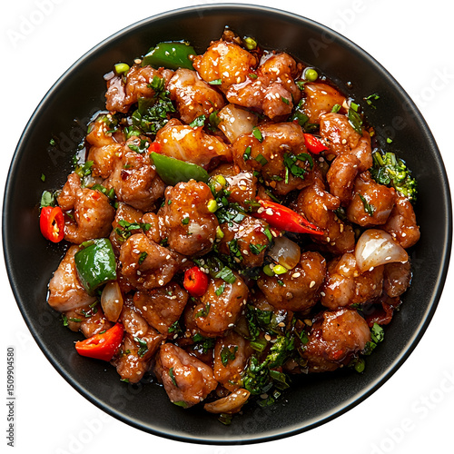 Top view of a delicious looking Moo Nam Tok on a dark plate isolated on a white transparent background