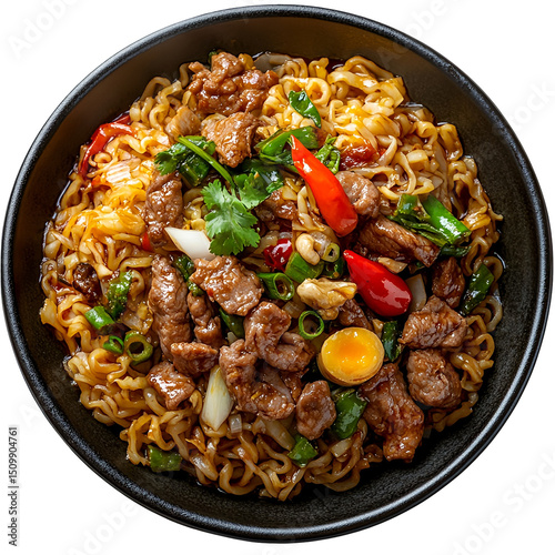 Top view of a delicious looking Moo Pad Nam Prik Pao on a dark plate isolated on a white transparent background